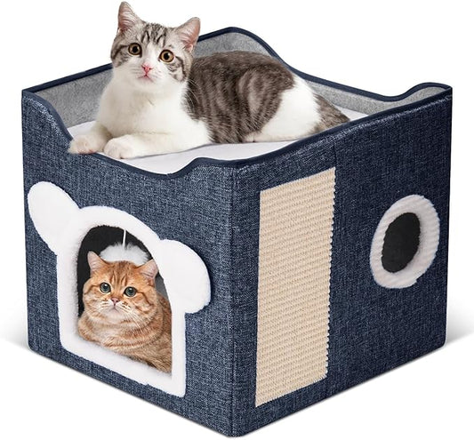 Cat Beds for Indoor Cats, Large Cat House Foldable Cat Cave with Scratch Pad and Hanging Fluffy Ball, Reversible Cushion Hideaway for Pet Cats, 16.5x16.5x13.2 inches, Dark Blue