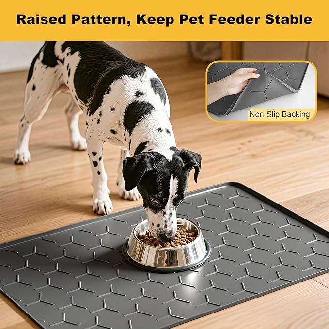Pieviev Dog Cat Food Bowl Mat, Silicone Waterproof Food Grade Pet Food Mat for Floor, High Raised Edge to Prevent Spills, Non-Slip & Easy Clean Pet Placemat for Dog & Cat Bowls, 34''x22'', Dark Gray