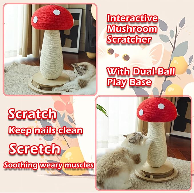 21‘’ H Cat Scratching Post,Cute Mushroom Cat Scratcher Post with Durable Solid Wood Turntable Toy,Mushroom Shape Design Cat Toy Cat Tree Scratcher for Indoor Cats