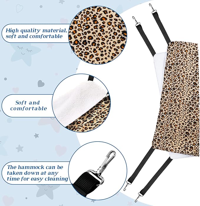 2 Pieces Reversible Cat Hanging Hammock Soft Breathable Pet Cage Hammock with Adjustable Straps and Metal Hooks Double Sided Hanging Bed for Small Dogs Rabbits(Leopard and Dot,L)