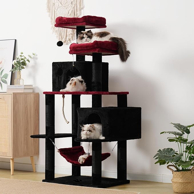 Hey-brother Gothic Large Multi-Level Cat Tree Condo Furniture with Sisal-Covered Scratching Posts, 2 Bigger Plush Condos, Perch Hammock for Kittens, Cats and Pets, Black and Red MPJ020BR
