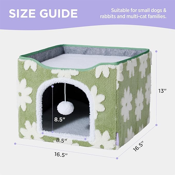Lesure Indoor Cat Beds Kitten House - Large Cat Cave for Pet Cube with Fluffy Ball Hanging, Foldable Small Animal Hideaway, 16.5x16.5x13 inches, Flower Garden Green