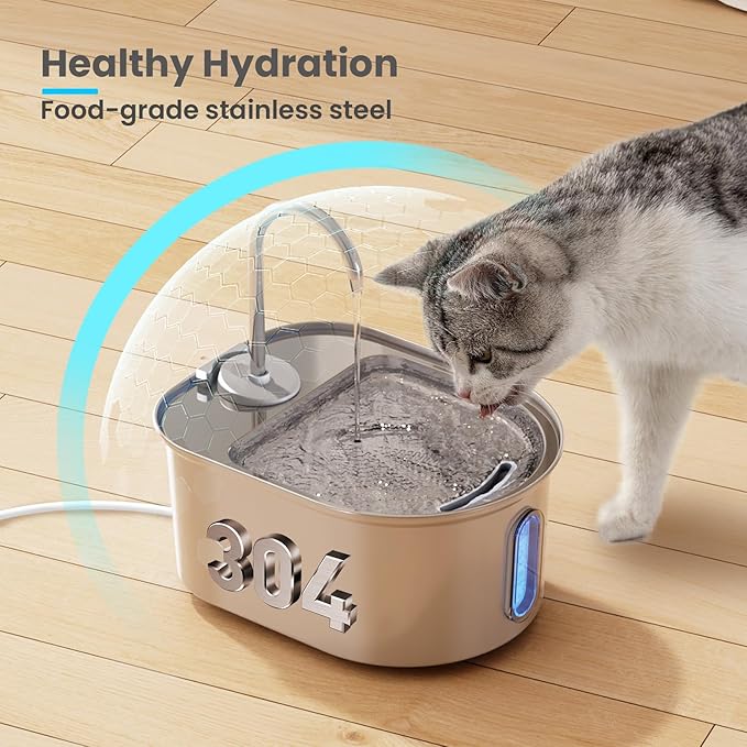 Cat Water Fountain Stainless Steel, 108oz/3.2L Quiet Automatic Water Dispenser for Dogs, Safe Auto Shut-Off, Large Oval Pet Water Fountain for Cats Indoor with 1 Replacement Filter