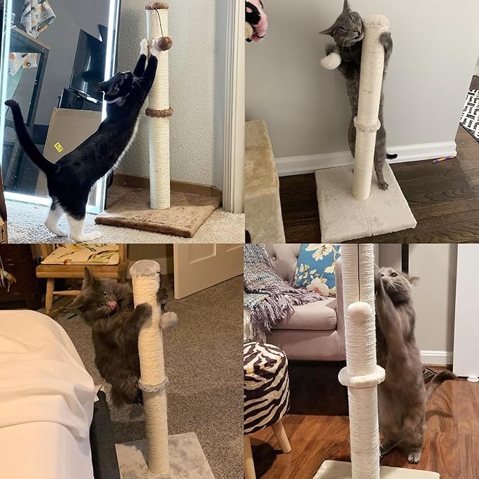 Dimaka 29" Height Tall Cat Scratching Post, Claw Scratcher with Sisal Rope and Covered with Soft Smooth Plush, Vertical Scratch [Full Strectch] for Standard Size Cats. (Beige)