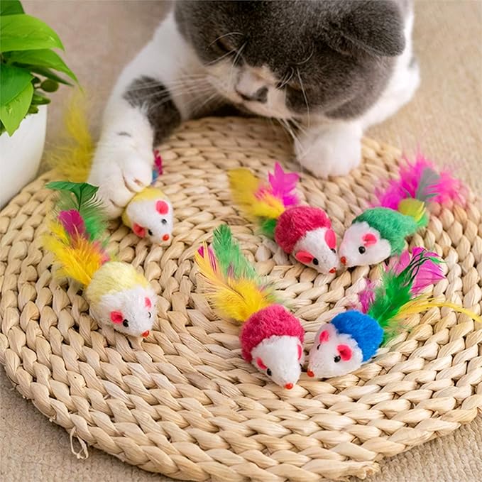 Cat Toys, 6 Pack Furry Rattle Mouse Toy Interactive Cat Toy with Feather Tail, 6 Assorted Faux Fur Kitten Toy 5.5” Realistic Size Mini Mice Cat Toy for Bored Indoor Adult Cat