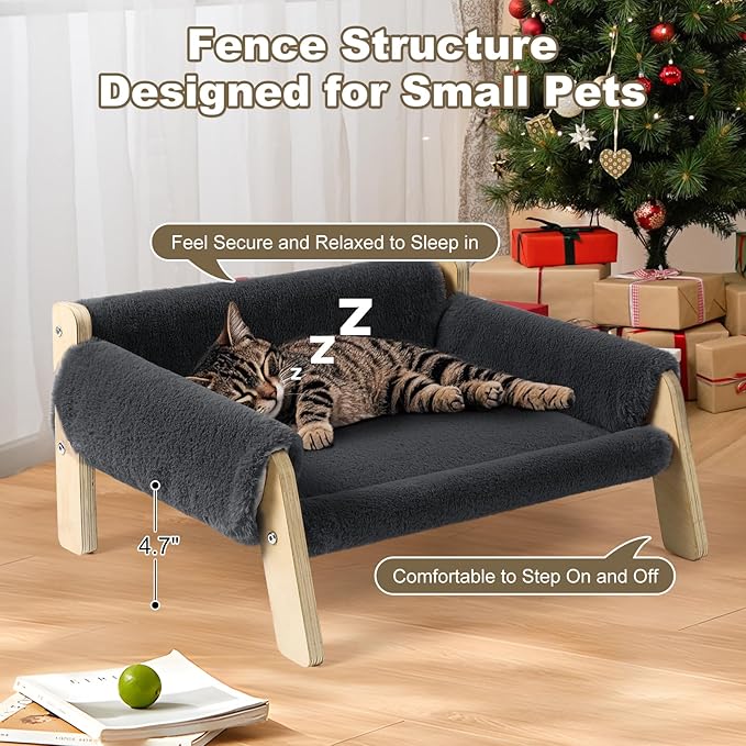 Elevated Cat Couch Bed for Indoor Cats - Wooden Pet Sofa with Removable Washable Thick Cover Raised Kitty Lounge Chair Suitable for Puppy or Small Animals(Cat Sofa Dark-Grey)