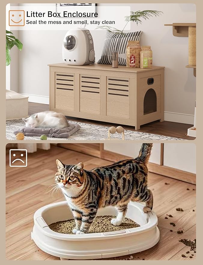 DINZI LVJ Litter Box Enclosure, Flip Top Litter Box Furniture, Hidden Cat Washroom, Wooden Cat House, End Table, 39.4" L x 19.7" W x 19.7" H, Good Ventilation, Easy to Assemble, Natural
