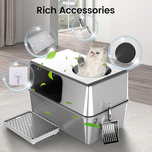 Stainless Steel Litter Box with Lid – Dog Proof, XL Enclosed Metal, High Side, Odor Control, for Big Cats & Multi-Cat Household, Black, Dubble Entry (Top and Side)