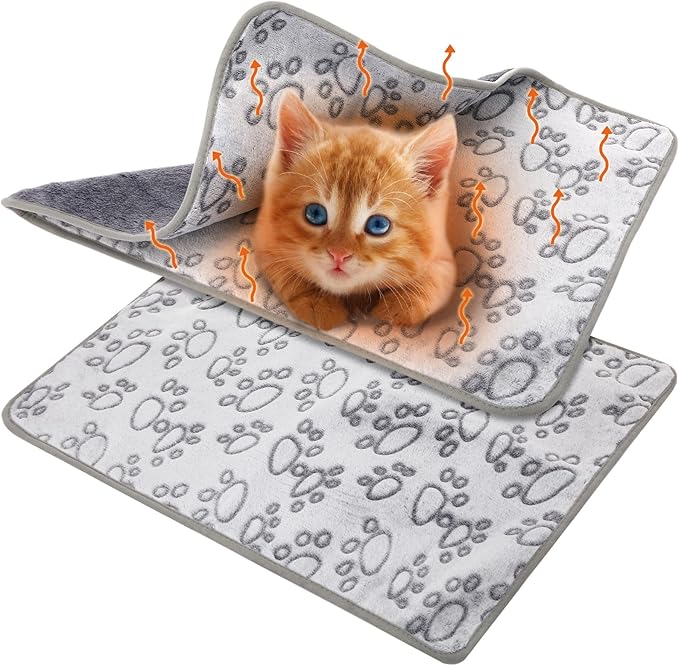 2 Pcs Warming Cat Pad Reflects Heating Dog Crate Self Warming Pad Gray Nursing Cat Blankets Bed Mat for Newborn Kittens Puppies Elder Dog Washable(Paw Print,24 x 18)