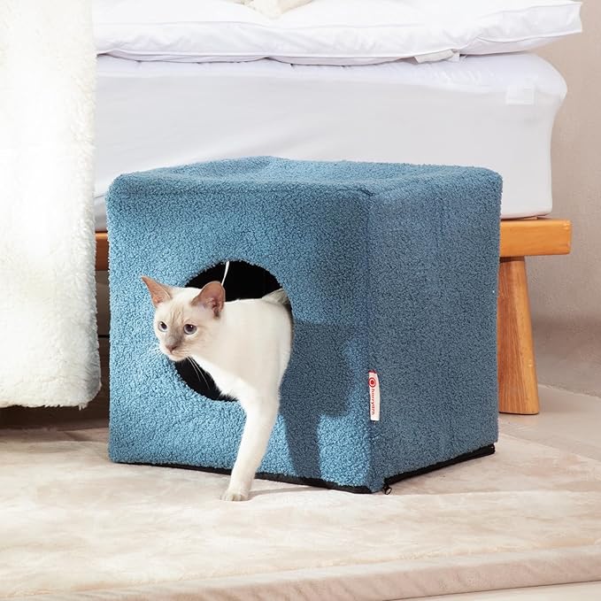 Cat House for Indoor Cats, Fluffy Large Cube Cat Cave Bed, Perfect Hideaway for Multiple Cats & Small Pets, Detachable Sherpa Cover 16 Inches
