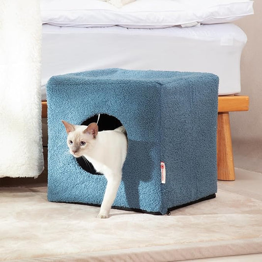 Cat House for Indoor Cats, Fluffy Large Cube Cat Cave Bed, Perfect Hideaway for Multiple Cats & Small Pets, Detachable Sherpa Cover 16 Inches