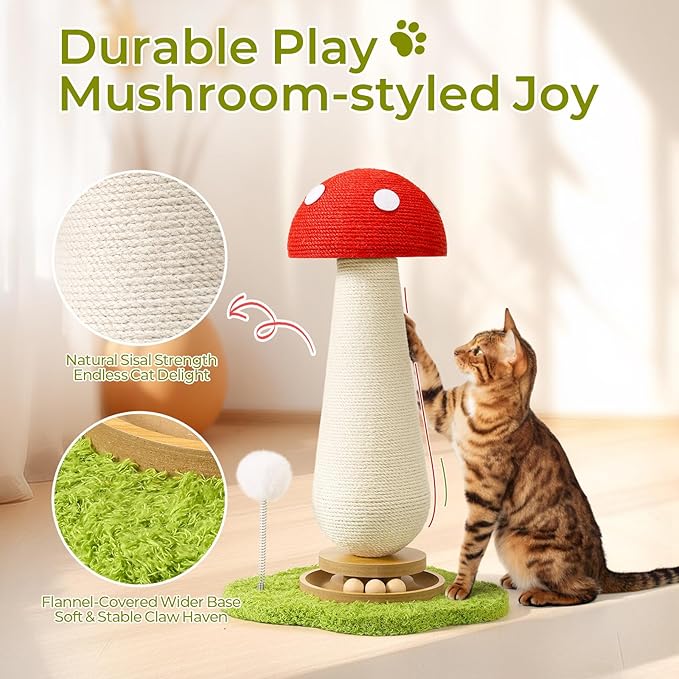 Cat Scratching Post, Mushroom Cat Scratcher with Interactive Ball Track Spring Ball Cat Toys,Durable Cute Sisal Cat Scratchers Post for Indoor Cats Adults Kitten with Stable Base