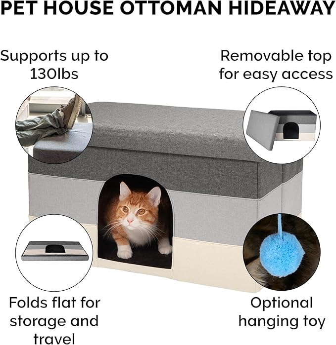 Furhaven Pet House for Indoor Cats & Medium/Small Dogs, Collapsible & Foldable w/ Plush Ball Toy - Living Room Ottoman Cat Condo - Hygge Stripe (Gray/Cream), Large