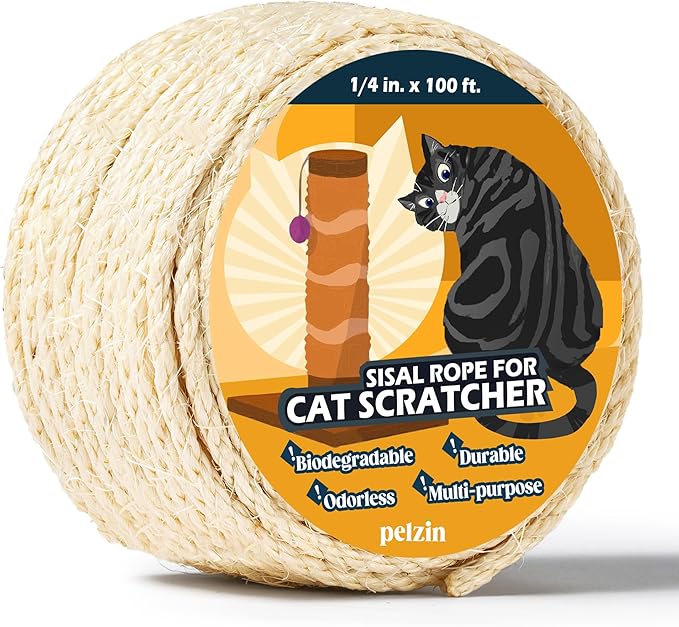 Natural Sisal Rope for Cat Scratcher 1/4 Inch by 100 Feet, Cat Tree Rope Twine for Cat Scratching Post Replacement, Cat Tower with Scratch Post Repairing, Replace, Recovering and DIY, White