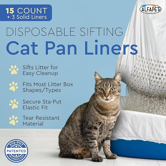 Alfapet Sifting Cat Litter Box Liners - Jumbo 15 Count, Pack of 5 - Tear-Resistant Cat Litter Bags, Waterproof Kitty Litter Liners, Fits Litterbox Pan Sizes X-Large, X-Giant, 37" x 18" 30 lb Capacity