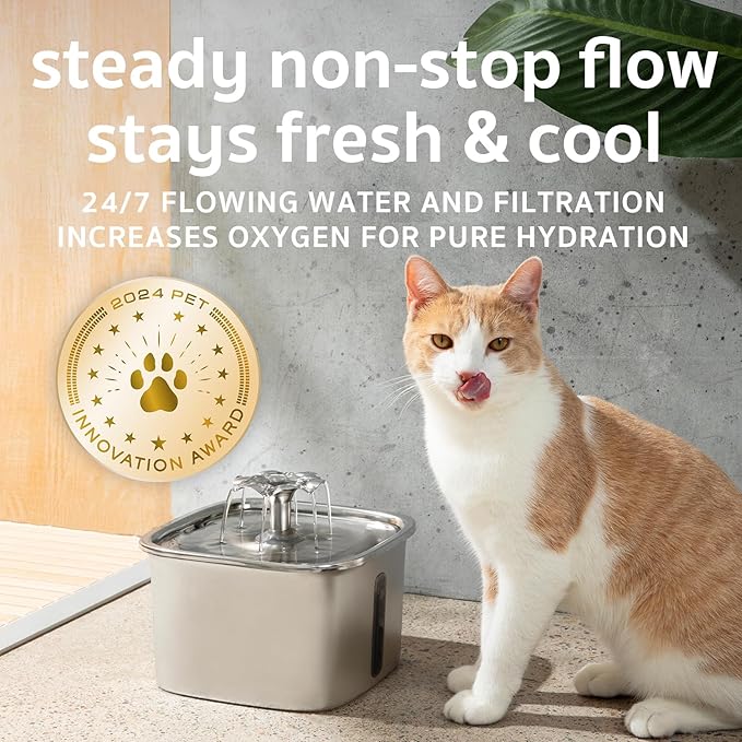 Veken Innovation Award Winner Stainless Steel Cat Water Fountain, 95oz/2.8L Automatic Pet Fountain with 6 Replacement Filters & 6 Pre-Filter Sponges & Silicone Mat for Cats, Dogs (Silver)