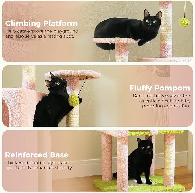 PAWZ Road Pink Flower Cat Tree Tower 62 Inches Cat Tree with 2 Condos,2 Flower Perches,4 Scratching Posts & 1 Scratching Board, and 2 Hanging Balls for Indoor Cats
