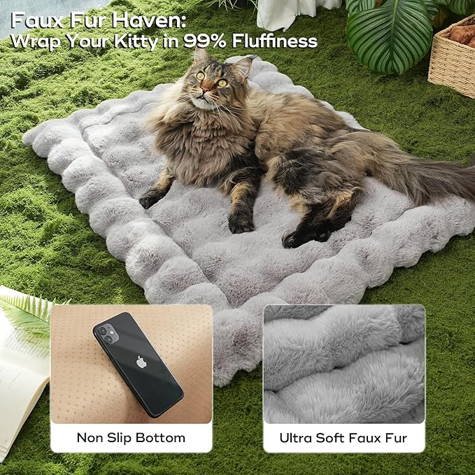 Cat Beds for Indoor Cats Plush Pad Mat with Non-Slip Bottom Faux Fur Soft Kitten Bed for Carriers/Floor/Couch Dog & Puppy Washable 23 x 15 Inch Medium Grey
