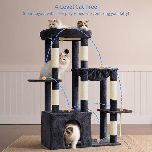 Heybly Heavy Duty Cat Tree, Tower for Indoor Cats Large Adult, Tall Cat Condo House with Extra-Large Baseboard, Multi-Level Plush Furniture with Scratching Posts, Hammock, Toy Ball, Smoky Gray HCT026G