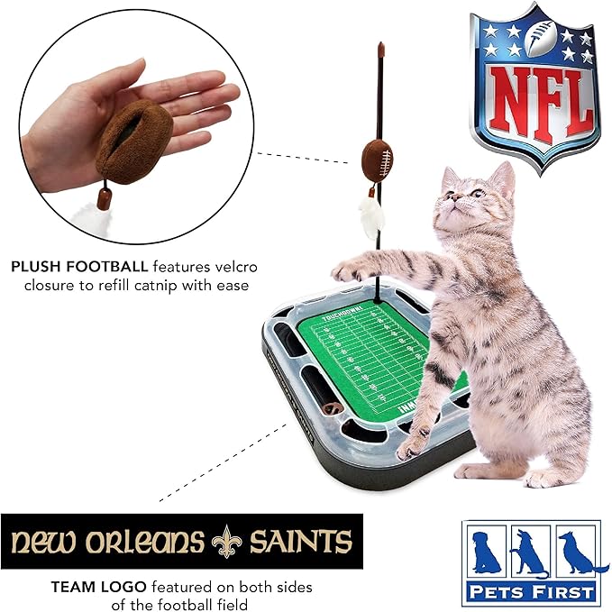 CAT BELL BALL NFL New Orleans Saints Football Field CAT Scratcher Toy with Catnip Filled Plush Football Toy & Feather Cat Toy Hanging, with Jingle Bell Interactive Ball Cat Chasing 5-in-1 Kitty Toy