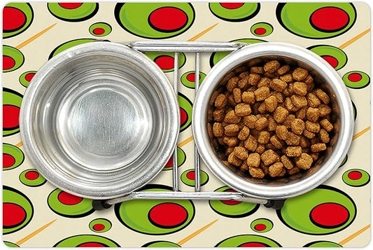 Lunarable Vintage Pet Mat for Food and Water, Repeated Pattern Olives with Toothpicks for Cocktail Martini, Non-Slip Rubber Mat for Dogs and Cats, 18" X 12", Cream Lime