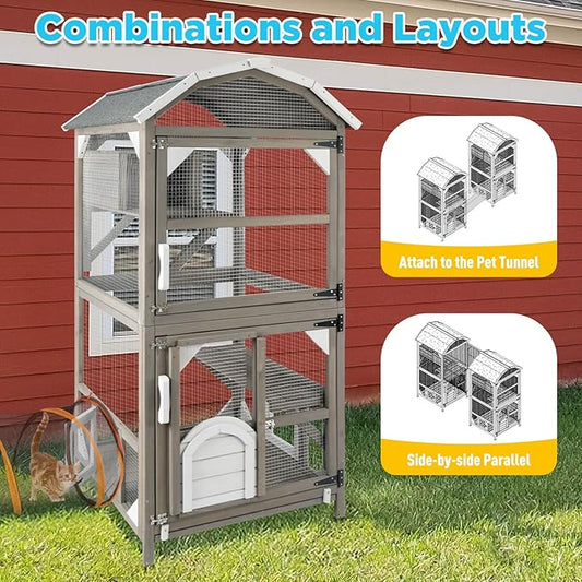 71'' Large Cat House Outdoor Catio Enclosures Indoor Kitten Cages with Attachable Window Resting Box,Waterproof Roof