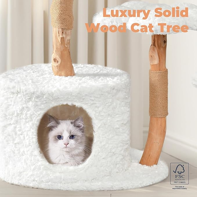 Easyego Modern Cat Tree, Aesthetic Wood Cat Tree Tower for Large Cats, Luxury Cat Condo with Scratching Posts and Flower Platforms, Cat Furniture by Easyego, (Rabbit Hair - White)