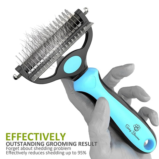 Spring Blossoms-2 in 1 Professional Grooming Rake for Cats & Dogs-Dematting Comb for Easy Mats & Tangles Removing,Pet Brush Safe No More Nasty Shedding and Flying Hair (Blue)