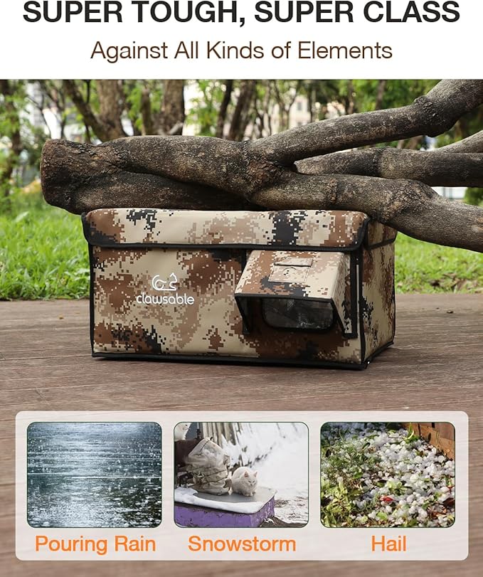 Indestructible Heated Cat House for Outside Cats Winter, 100% Weatherproof, Safe Escape Door, Insulated Outdoor Cat Shelter with Heater for Feral Barn Cat Kitty (Desert Camouflage, 26"x16"x14")