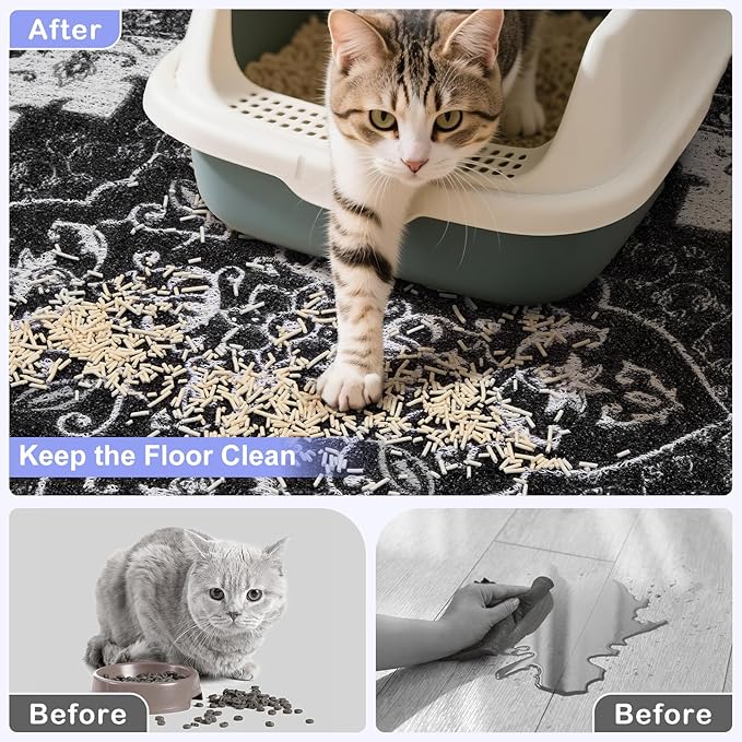 Bienbee Cat Litter Mat, 33" x 22" Large Size Litter Box Mat Rug with Non-Slip Bottom, Easy to Clean Cat Supplies Accessories Essentials for Indoor Kitty Kitten Floor, Black L