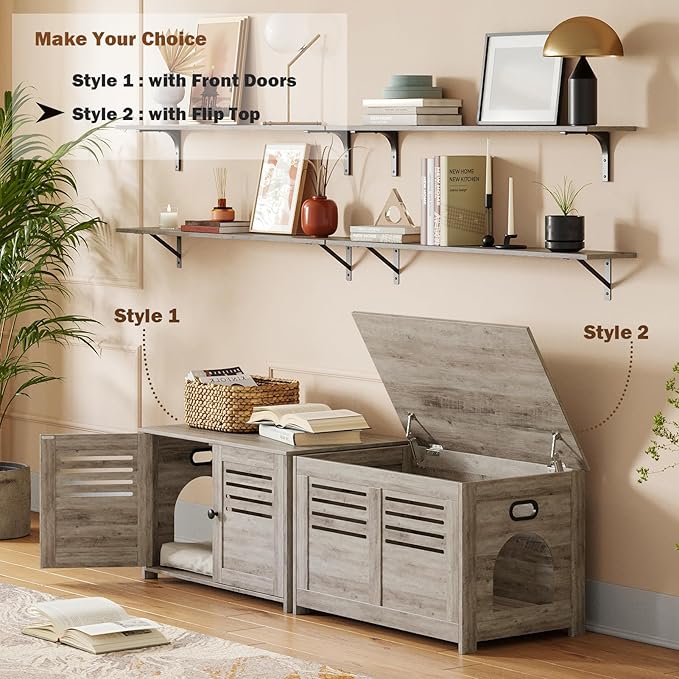 DINZI LVJ Litter Box Enclosure, Flip Top Litter Box Furniture, Hidden Cat Washroom, Wooden Cat House, End Table, 31.5" L x 19.7" W x 19.7" H, Good Ventilation, Easy to Assemble, Greige