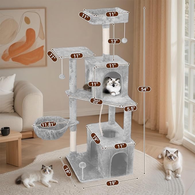 Cat Tree, 54-Inch Cat Tower for Indoor Cats,Plush Multi-Level Cat Condo with Scratching Posts, Basket, Perches,2 Caves,2 Pompoms(Light Gray)