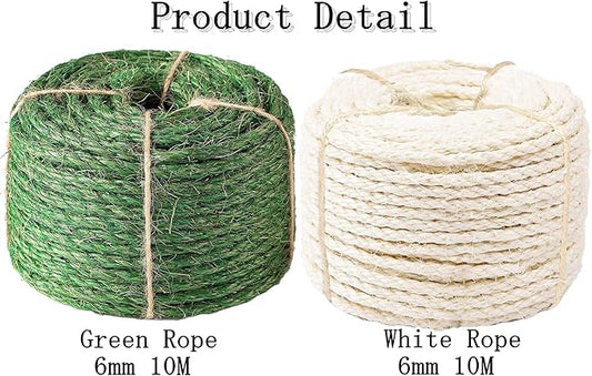 White and Green Sisal Rope 20M 6mm, Natural Premium Durable Unoiled Cat Sisal Rope for Repairing, Recovering or DIY Scratcher, Twisted Thicker Fiber Hemp Rope for Cat Tree and Tower