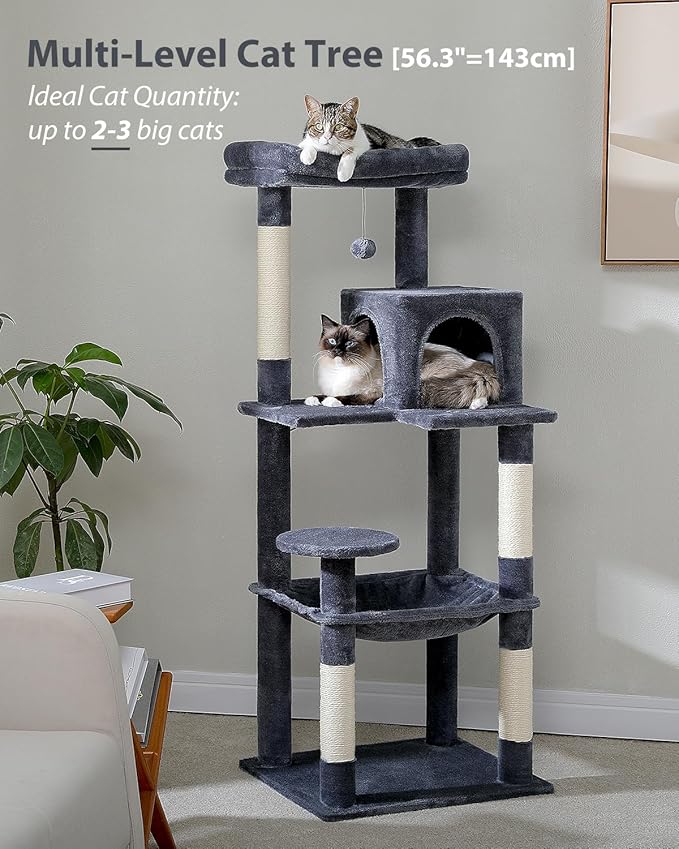 Cat Tree for Large Cats with Metal Plush Big Hammock, 56.3" Cat Tower for Indoor Cats with 2 Door Condo House, 6-Tier Cat Shelves with Scratching Posts and Large Top Perch, Dark Gray
