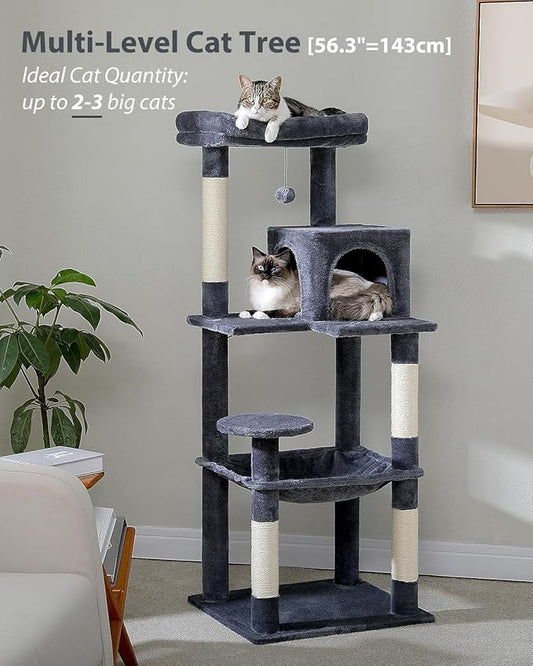 Cat Tree for Large Cats with Metal Plush Big Hammock, 56.3" Cat Tower for Indoor Cats with 2 Door Condo House, 6-Tier Cat Shelves with Scratching Posts and Large Top Perch, Dark Gray
