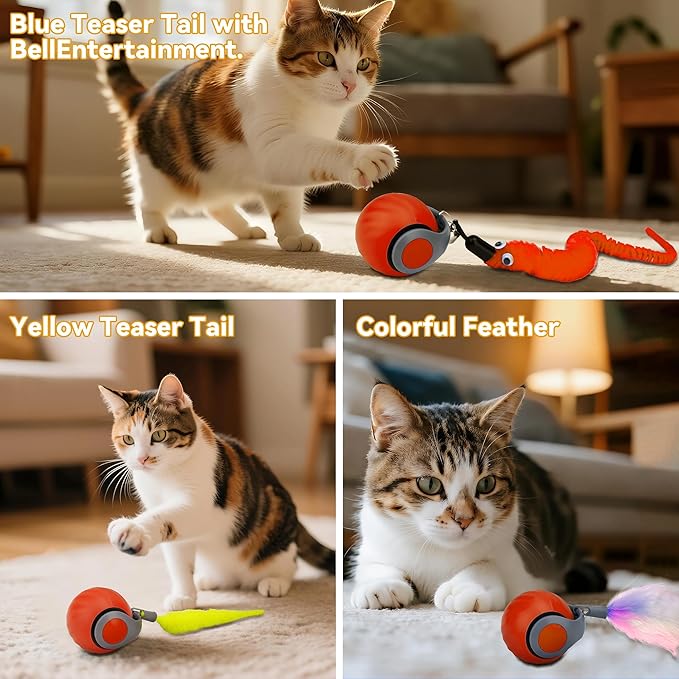 Vrurc Interactive Cat Toy Ball-Speedy with Feather & 3 Tails,Motion Activated Auto Roll,2 Speeds Rechargeable,Indoor Cat Stimulation, Enrichment,Keeps Busy,Durable (Orange)