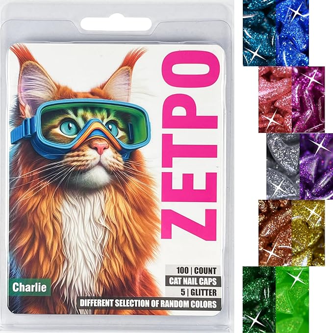 zetpo Cat Nail Caps | Cat Claw Covers | with Adhesives and Applicators (M, 5X Glitter Random Colors | 100 pcs)