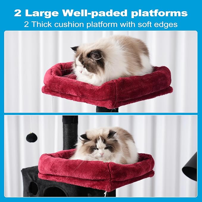 Hey-brother Gothic Large Multi-Level Cat Tree Condo Furniture with Sisal-Covered Scratching Posts, 2 Bigger Plush Condos, Perch Hammock for Kittens, Cats and Pets, Black and Red MPJ020BR