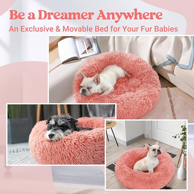 rabbitgoo Dog Bed for Small, 24 inches Machine Washable, Fluffy Donut Pet Bed Anti-Slip, Calming Soft Plush Round Cushion, Fits up to 18 lbs Pets, Pink