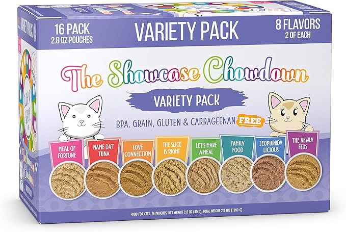 Weruva Slide N' Serve Paté Wet Cat Food, The Showcase Chowdown Variety Pack, 2.8oz Pouch, Pack of 16