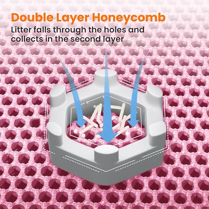 Cat Litter Mat, 24x18 Inches Large Double Layer Honeycomb Cat Litter Trapping Mat, Non Slip Waterproof Urine Proof Cat Litter Box Mat for Floor, Kitty Litter Rug, Cat Supplies, Pink