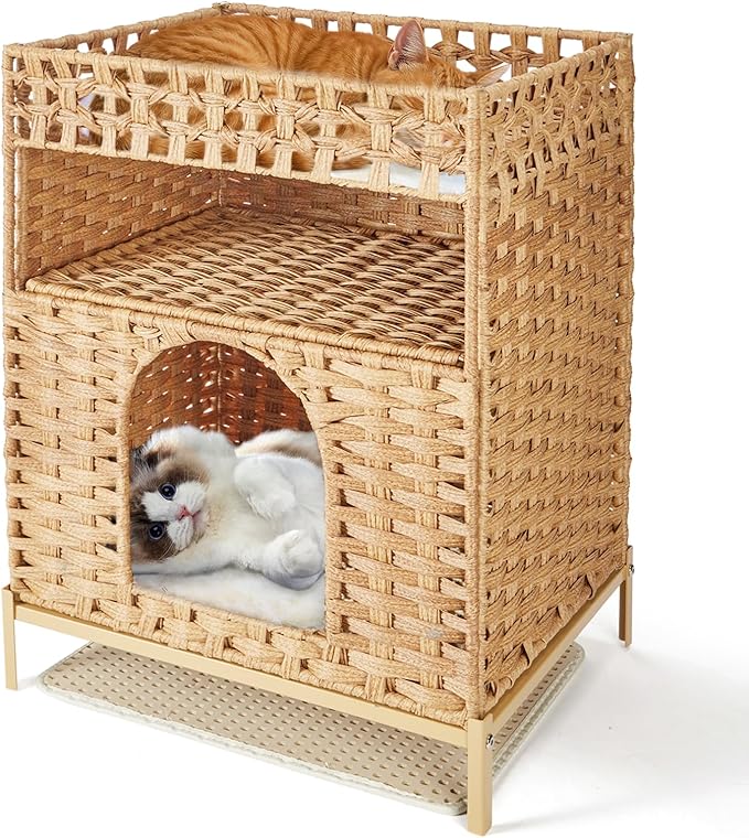 Cat Litter Box Enclosure Furniture - Handwoven Rattan Hidden Litter Box Enclosure with Mat, 24.6 x 18.1 x 14.1 Inches Hidden Cat House for Living Room, Bedroom Natural