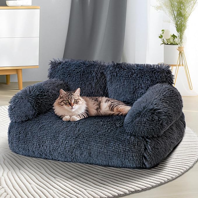 Cat Couch Bed - Cat Bed for Indoor Cats, Calming Pet Sofa Puppy Sleeping Bed with Removable Washable Cover, Cute Dog Couch and Kitty Lounge Chair for 18lbs Cats & Small Dogs(Plush Dark Gray)
