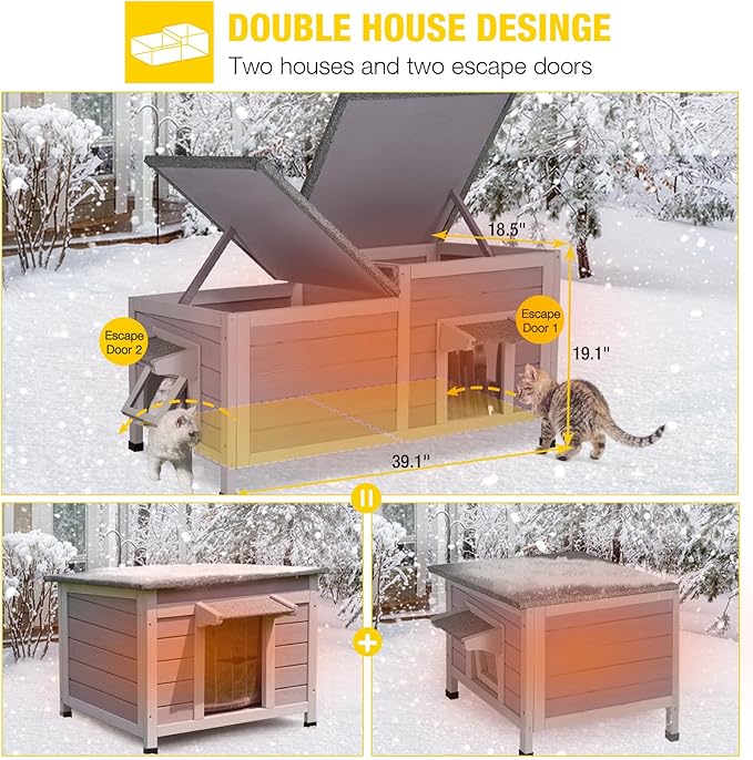 Aivituvin Outdoor Cat House Insulated Feral Cat Shelter Weatherproof for Winter Double Rooms