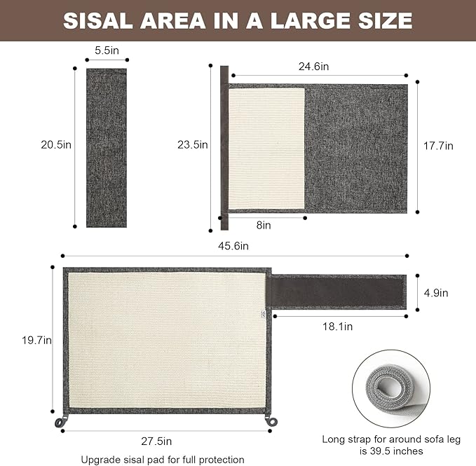 Upgraded Cat Scratch Sisal Sofa Protector,Furniture Couch Protector from Cat Scratching with Natural Sisal Full Cover 27.5''L*19.7''W(Right Hand)