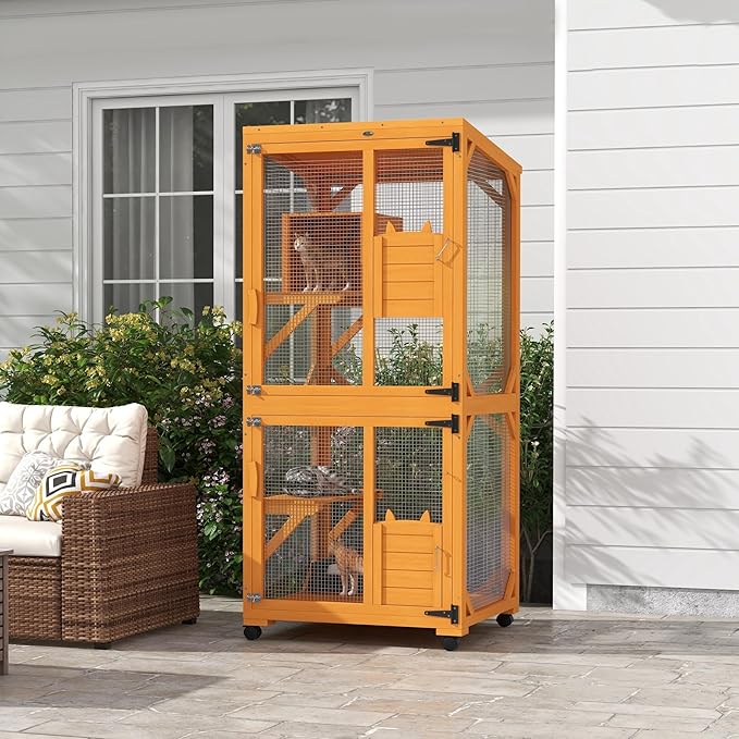 PawHut Wooden Catio with Waterproof Roof, Large Cat House with High-Up Resting Box, Indoor & Outdoor Cat Enclosure with Wheels, for 1-3 Cats, Orange