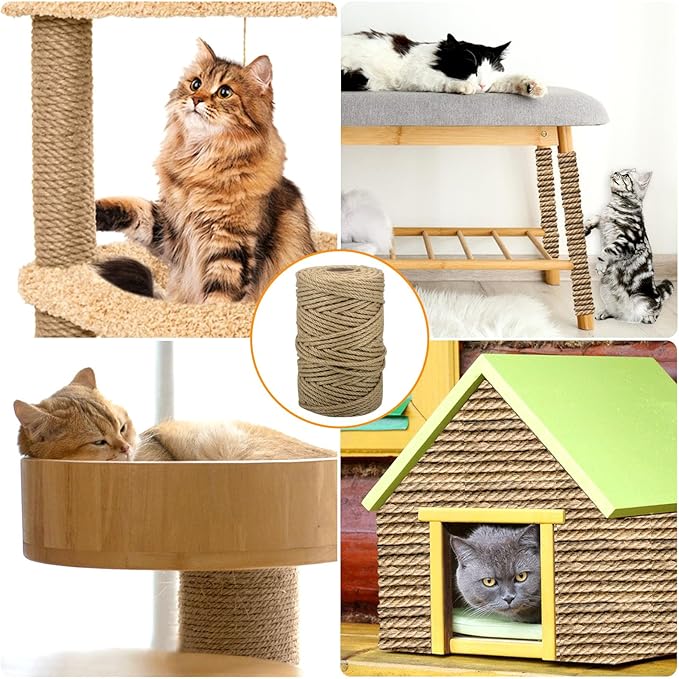Jute Rope for Cat Scratch Post 1/4" Diameter 328 FT Cat Natural Hemp Rope Cat Tower Repair Rope Cat Tree Rope Replacement Recovering and DIY