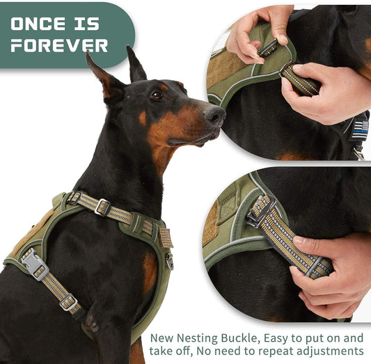BUMBIN Tactical Dog Harness for Large Dogs, No Pull, Reflective, Green, L(Neck:19-25", Chest:21-35")