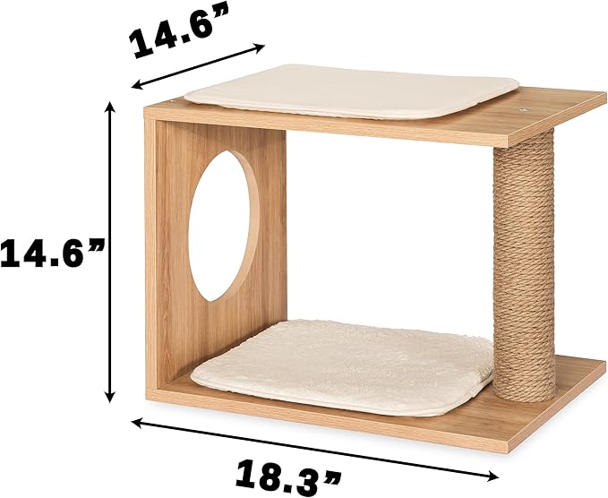 Modern Cat Tree & Condo - Natural Wooden Cat House Indoor with Cozy Kitten Bed, Elevated Perch & Integrated Scratching Post - Stylish Cat Furniture (18.3" D x 14.6" W x 14.6" H)