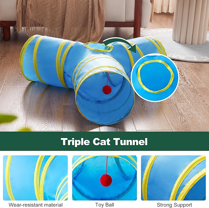 Love's cabin Cat Tunnel Tube Toys 3 Way Collapsible, Cat Tunnels for Indoor Cats，Kitten Tunnel Bored Pet Play Tunnel with Peek Hole Toy Ball for Kitty, Kitten, Rabbit, Puppy Blue&Yellow